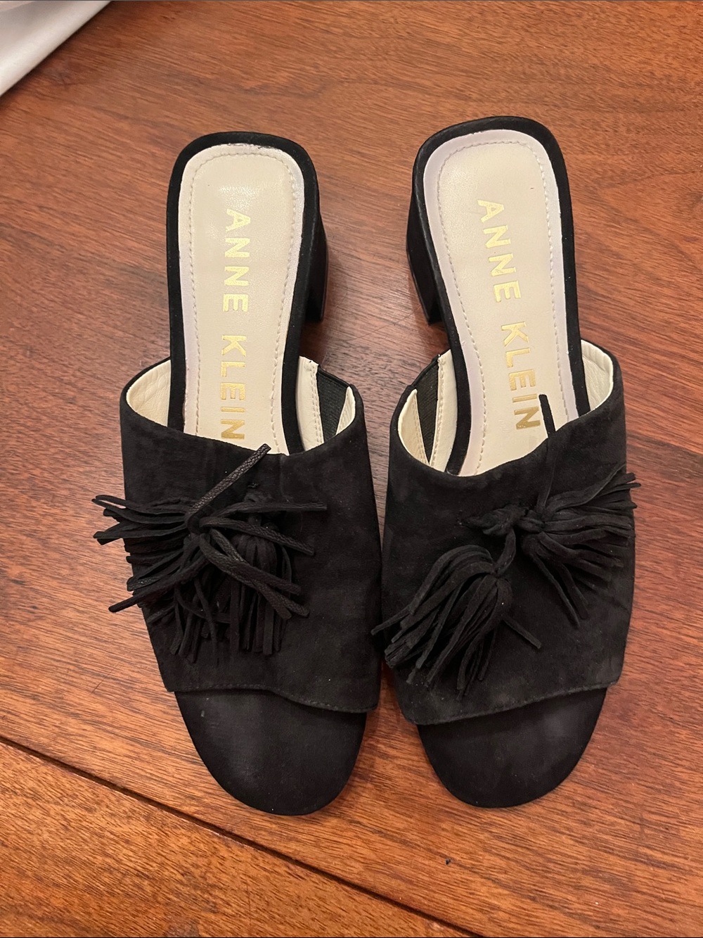 Anne Klein Black Suede Tassel Mules